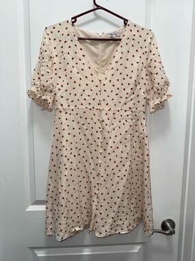 Madewell Cream Short Sleeve V-Neck Dress with Red Strawberry Print